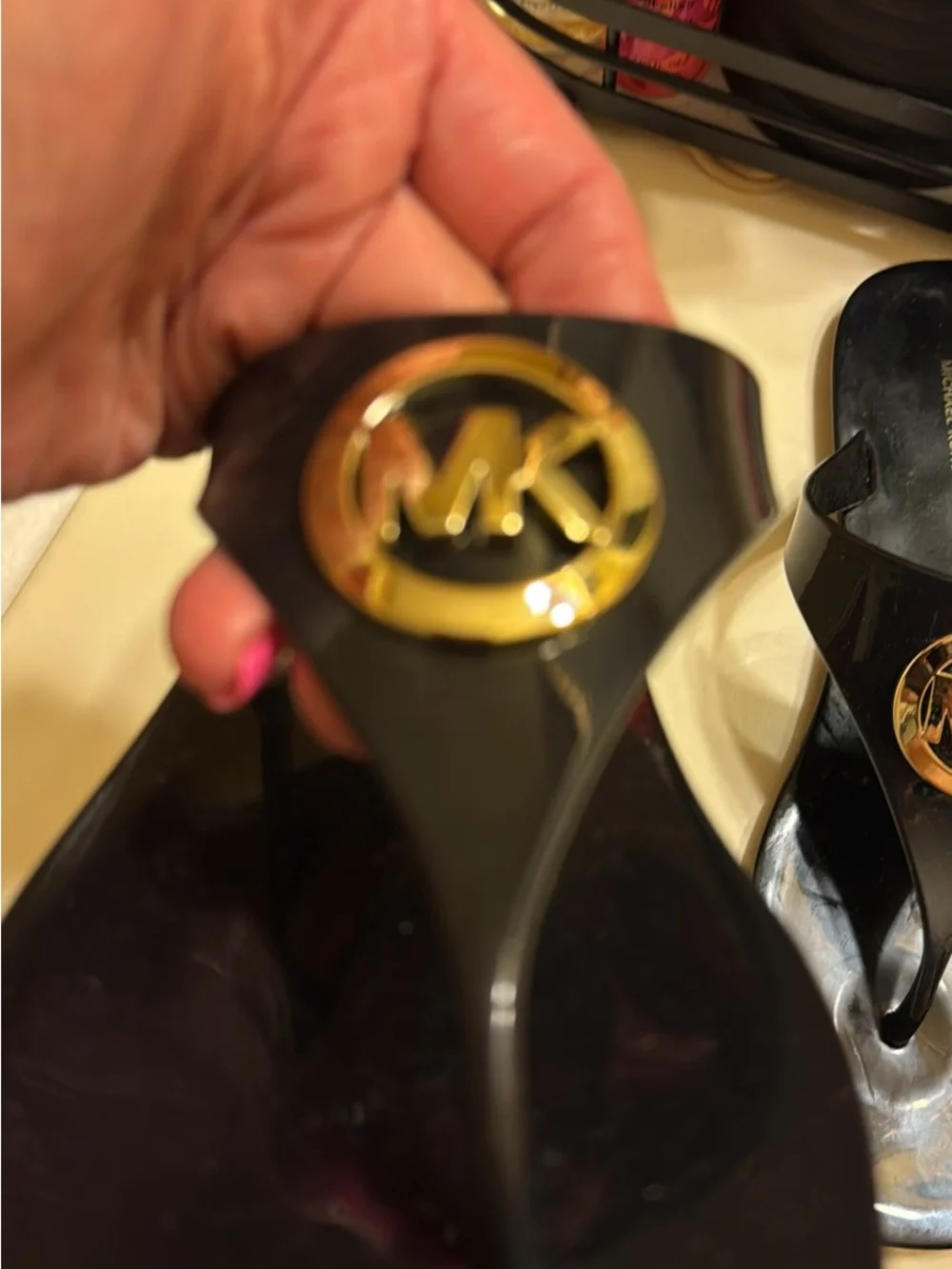 NWT Michael Kors Black Patent Jelly Thong Sandals with Gold MK Emblem